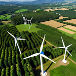 **A vibrant, detailed aerial view of the Italian countryside. Lush green forests contrast with a modern wind farm. Overlaid is a subtle, transparent network of interconnected nodes, representing the AI monitoring systems analyzing environmental data in real-time.** (Focus: AI monitoring ecosystems and renewable energy)