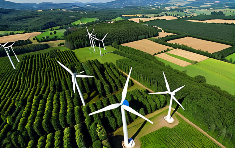**A vibrant, detailed aerial view of the Italian countryside. Lush green forests contrast with a modern wind farm. Overlaid is a subtle, transparent network of interconnected nodes, representing the AI monitoring systems analyzing environmental data in real-time.** (Focus: AI monitoring ecosystems and renewable energy)