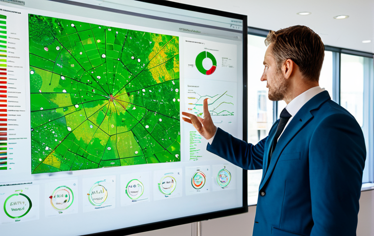 A professional environmental impact assessor, fully clothed in a modest business suit, standing in a modern, brightly lit office. The assessor is actively engaged with a large holographic display or interactive screen, which showcases complex environmental data visualizations, including intricate GIS maps overlaid with European Green Deal sustainability metrics. The overall scene emphasizes advanced technology, strategic planning, and the transformative evolution of the role. safe for work, appropriate content, fully clothed, professional, perfect anatomy, correct proportions, natural pose, well-formed hands, proper finger count, natural body proportions, high-quality professional photograph, detailed, realistic.