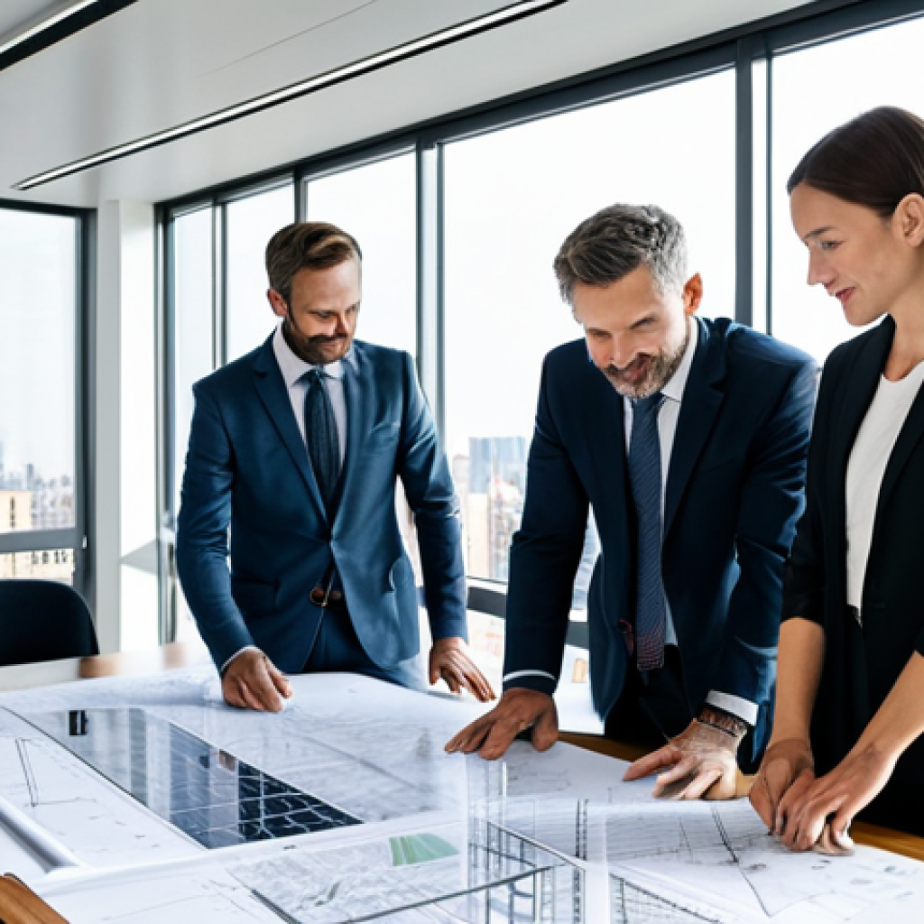**

A team of architects, fully clothed in professional attire, collaboratively reviewing blueprints in a bright, modern architectural office. Large windows overlook a sustainable cityscape with green roofs and solar panels. The scene emphasizes collaboration, innovation, and sustainable design.  Perfect anatomy, correct proportions, natural pose, well-formed hands, proper finger count, natural body proportions, safe for work, appropriate content, fully clothed, professional, family-friendly.

**
