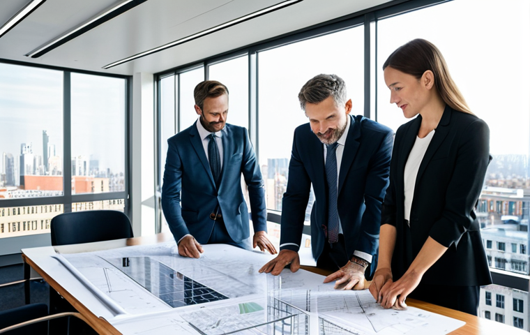 **
A team of architects, fully clothed in professional attire, collaboratively reviewing blueprints in a bright, modern architectural office. Large windows overlook a sustainable cityscape with green roofs and solar panels. The scene emphasizes collaboration, innovation, and sustainable design. Perfect anatomy, correct proportions, natural pose, well-formed hands, proper finger count, natural body proportions, safe for work, appropriate content, fully clothed, professional, family-friendly.
**