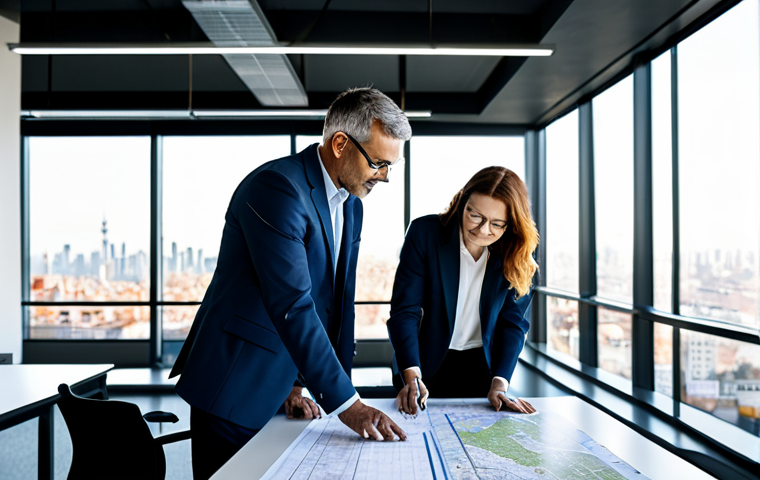 **
"A team of environmental consultants in professional attire, examining maps and data at a brightly lit office table. They are collaborating on an Environmental Impact Assessment (VIA) report. The atmosphere is focused and positive. Sustainable development documents are scattered on the table. The background shows a modern office space with large windows overlooking a cityscape. fully clothed, appropriate content, safe for work, professional, perfect anatomy, natural proportions, high quality"
**