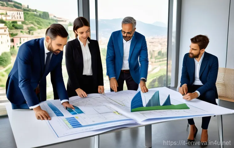 환경영향평가와 ESG 연관성 - **Prompt:** A diverse group of Italian business professionals, dressed in smart casual business atti...