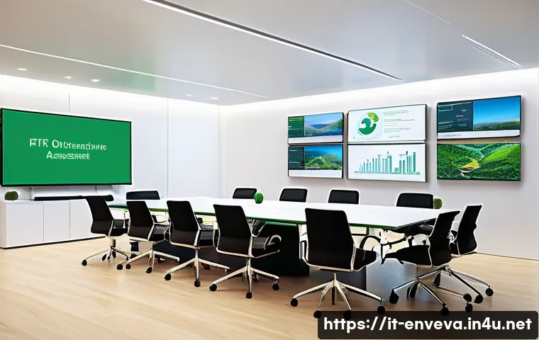 환경영향평가사 시험 최신 기출문제 분석 - A detailed, professional illustration of a modern European environmental regulatory meeting room, sh...
