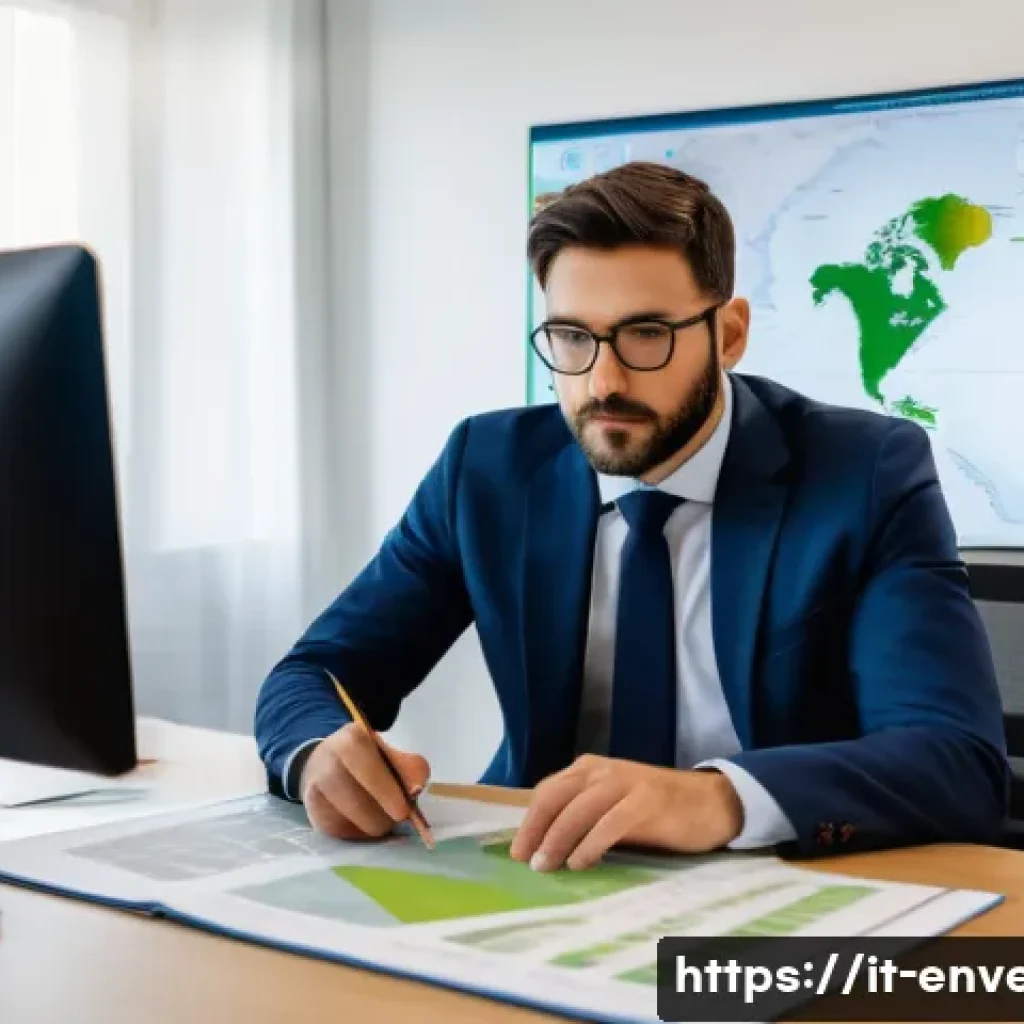 환경영향평가사 면접 대비 질문 리스트 - A professional environmental impact assessor in a modern Italian office, reviewing detailed maps and...