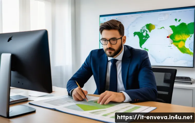 환경영향평가사 면접 대비 질문 리스트 - A professional environmental impact assessor in a modern Italian office, reviewing detailed maps and...