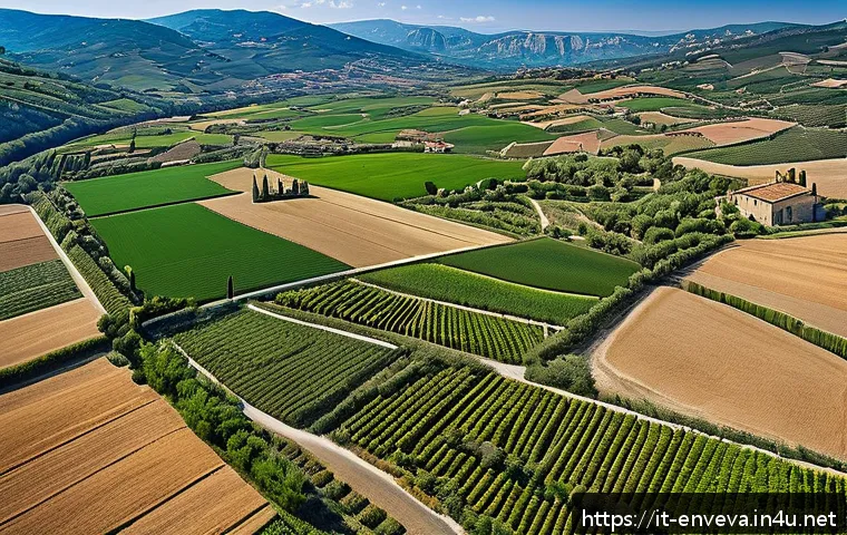 환경영향평가서 주요 작성 체크리스트 - A detailed aerial view of an Italian natural landscape showing a harmonious integration of natural a...