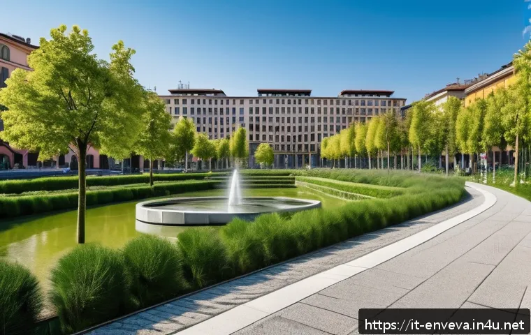 환경영향평가와 기후변화 대응 - A vibrant urban park in a northern Italian city like Milan, showcasing lush green corridors and dive...