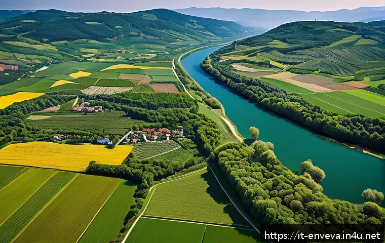 환경영향평가와 환경부 정책 방향 - A detailed aerial view of a protected Italian natural ecosystem during spring, showcasing lush green...