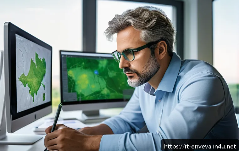 환경영향평가사와 관련된 직무 스펙트럼 - A professional environmental scientist wearing smart casual attire and safety glasses, analyzing det...