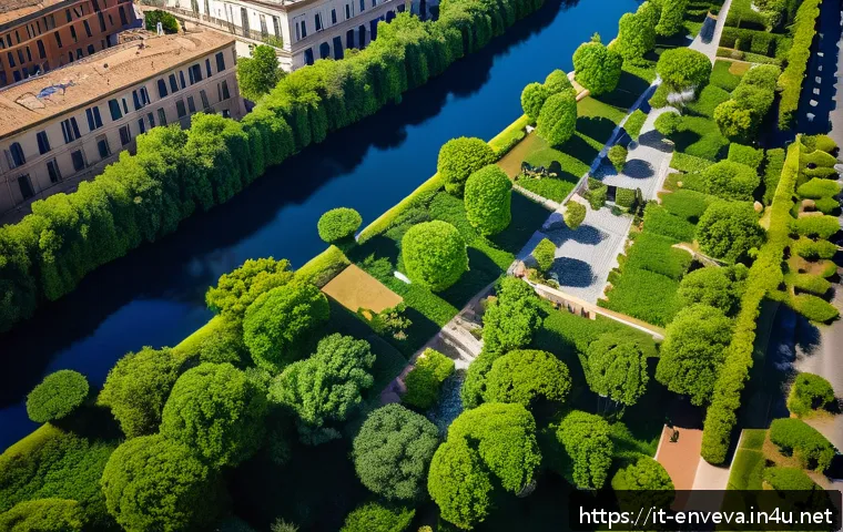 환경영향평가사의 성공 사례 연구 - A detailed aerial view of a sustainable urban park in Rome, showcasing a diverse group of people par...
