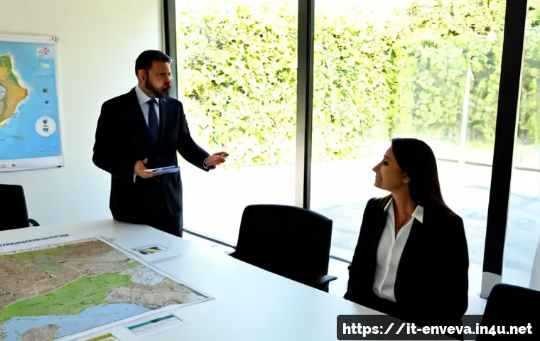 Home 17 환경영향평가사와 비즈니스 의사소통 - Photorealistic environmental impact assessor presenting a landscape assessment to Italian business e...