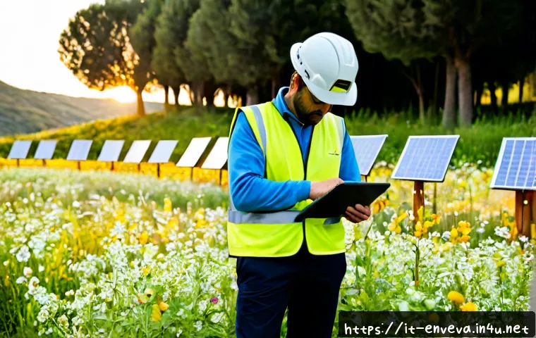 Home 17 환경영향평가사의 직업 윤리 - Photorealistic environmental impact assessment professional in Italy reviewing a proposed solar farm...